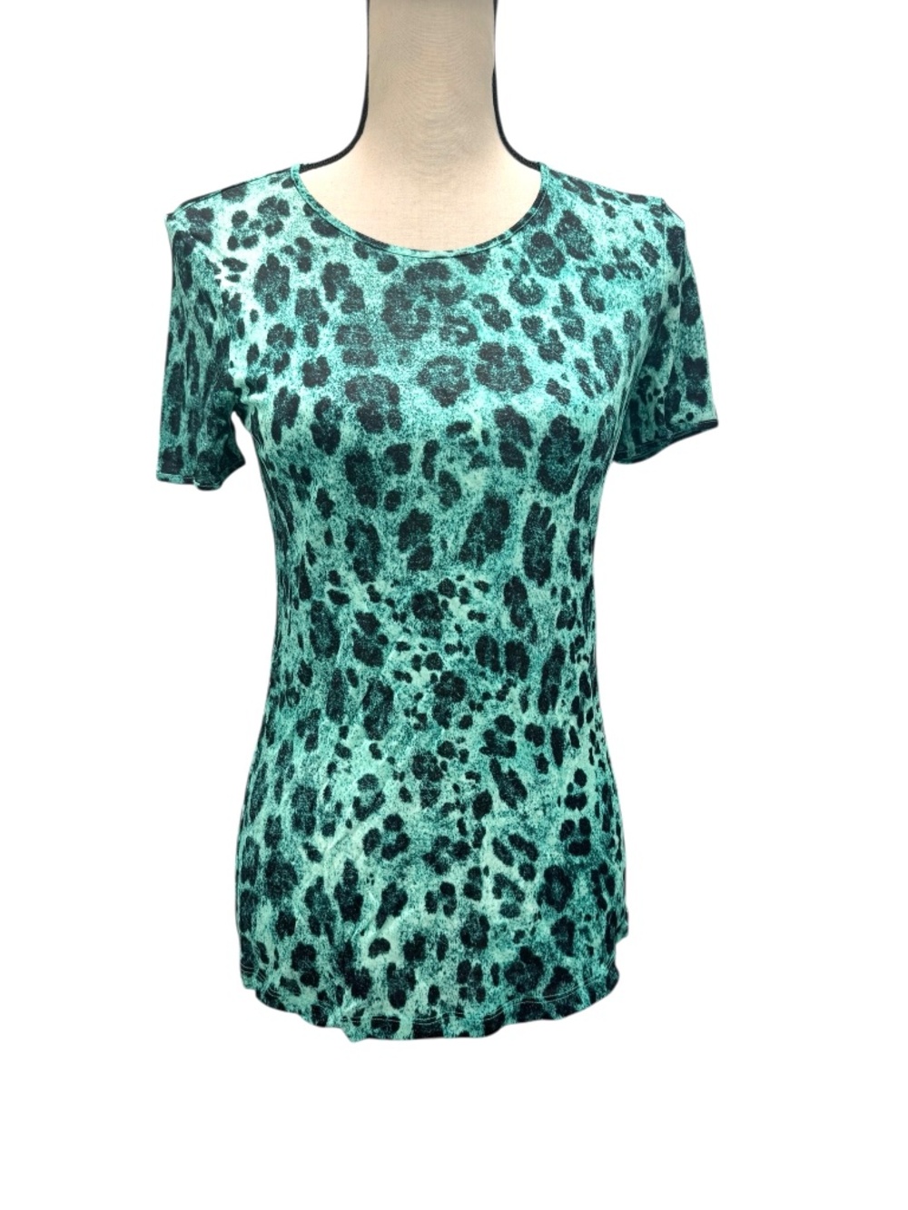 BLUMARINE TEAL LEOPARD PRINT ROUND NECK SHORT SLEEVE VISCOSE T SHIRT